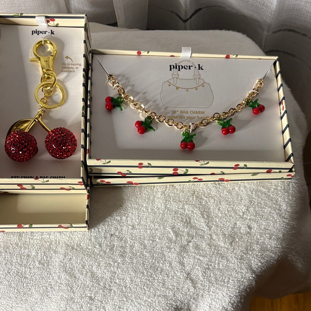 Piper Cherry 12” Bag Charm and Keychain - Gold and Red NIB